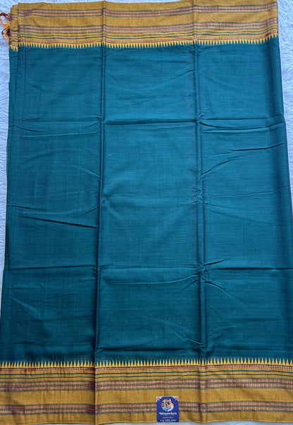 Narayanpet Cotton Saree Dark Green Colored Complemented with a Thread Border. - Sampradaya Designer Studio