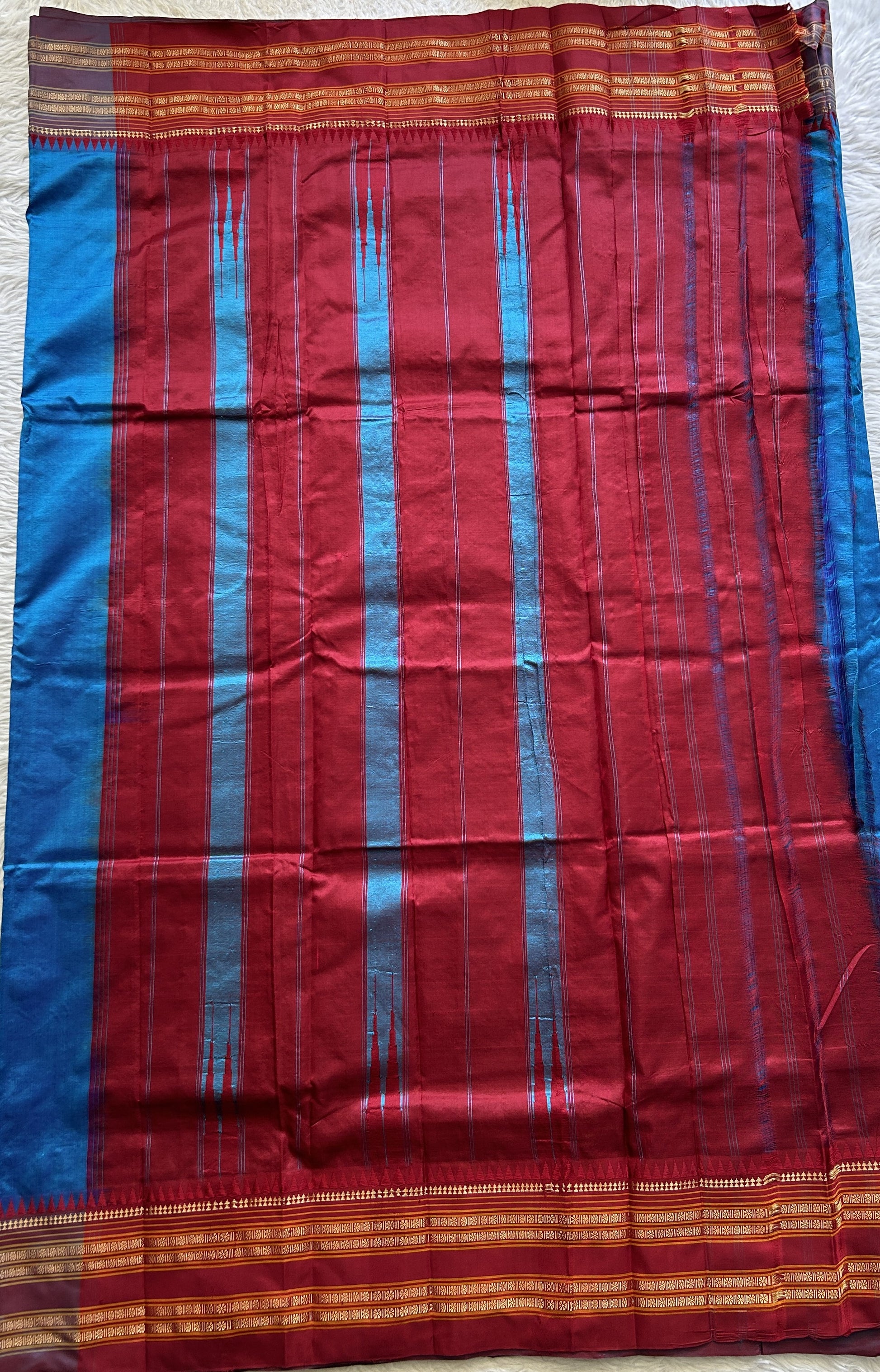 Narayanpet Silk Saree Dark Blue Colored Complemented with a Maroon Zari Border. - Sampradaya Designer Studio