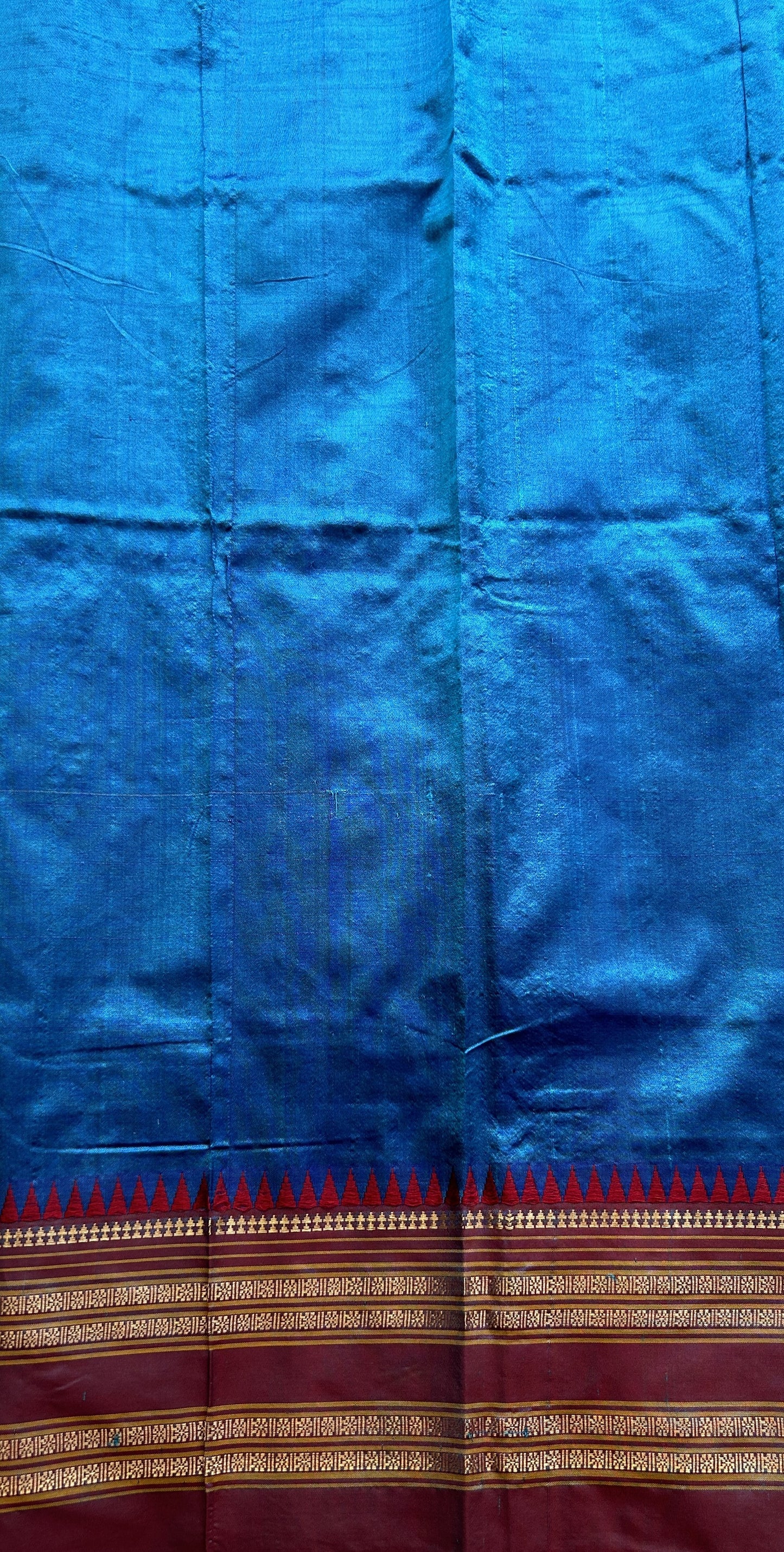 Narayanpet Silk Saree Dark Blue Colored Complemented with a Maroon Zari Border. - Sampradaya Designer Studio