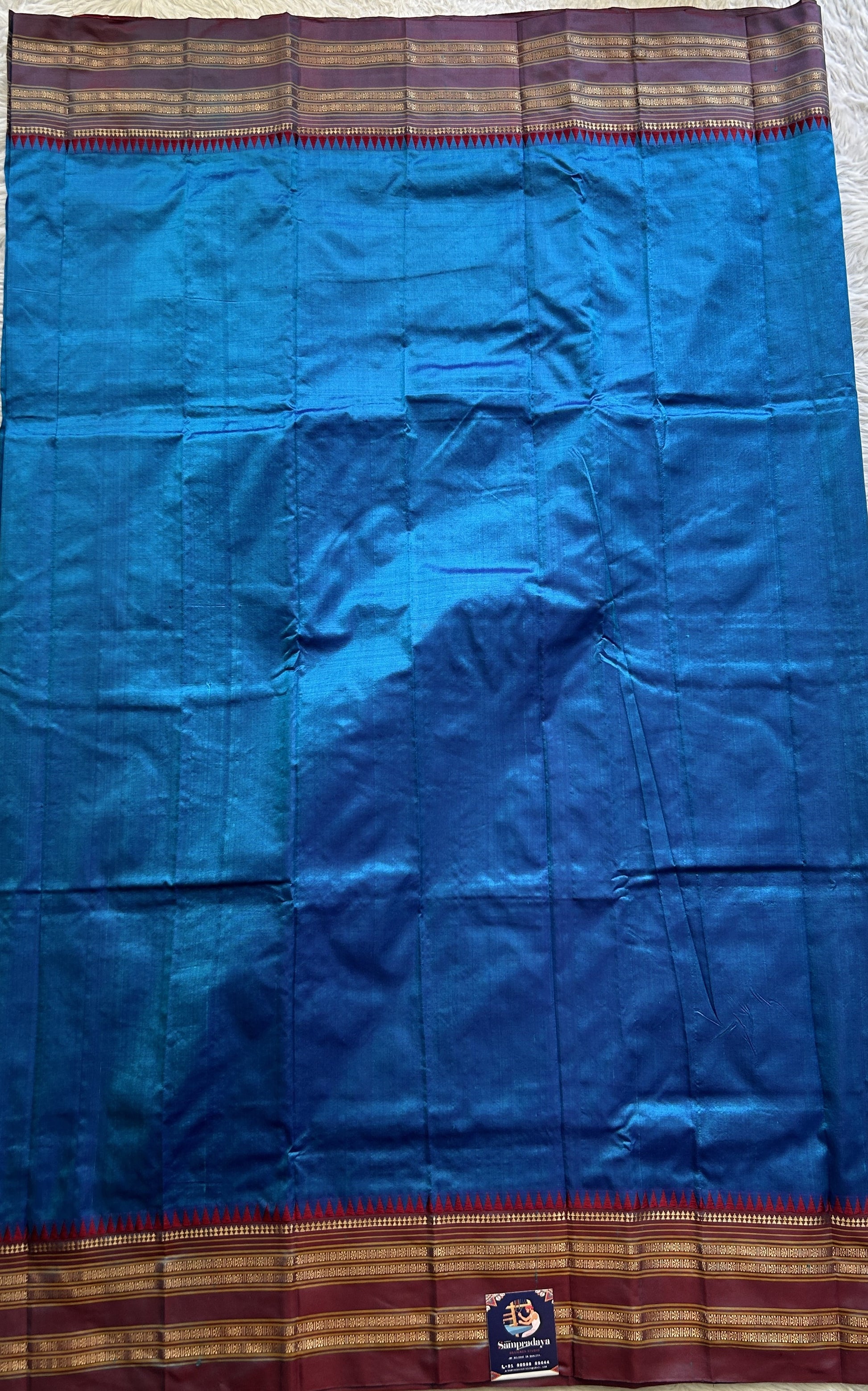 Narayanpet Silk Saree Dark Blue Colored Complemented with a Maroon Zari Border. - Sampradaya Designer Studio