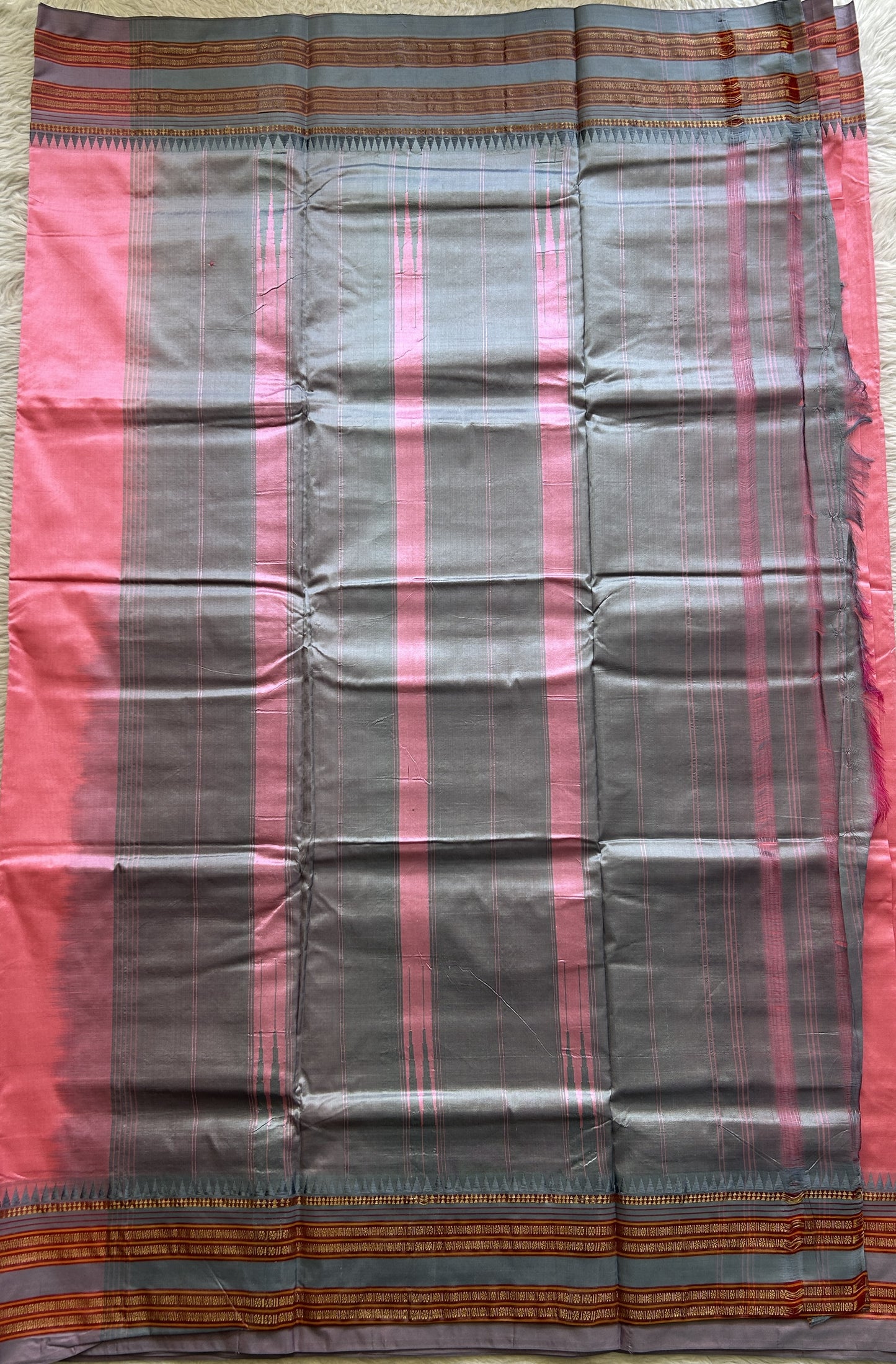 Narayanpet Silk Saree Neon Pink Colored Complemented with a Zari Border. - Sampradaya Designer Studio