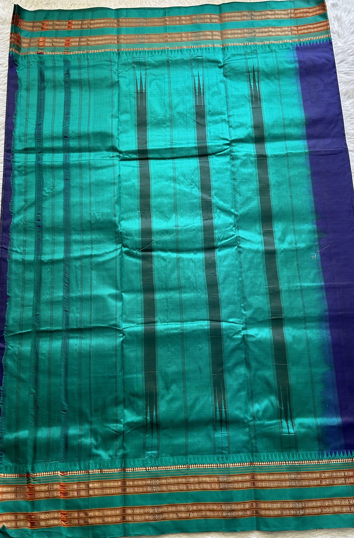 Narayanpet Silk Saree Navy Blue Colored Complemented with a Zari Border. - Sampradaya Designer Studio