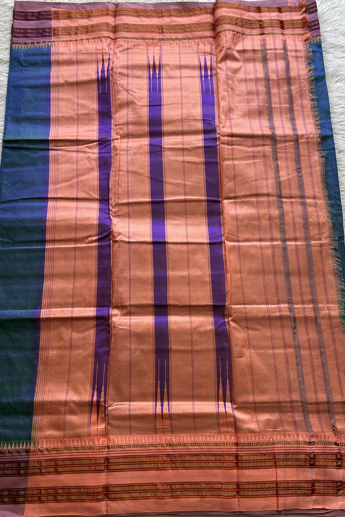 Narayanpet Silk Saree Peacock Blue Colored Complemented with a Baby Pink Zari Border. - Sampradaya Designer Studio