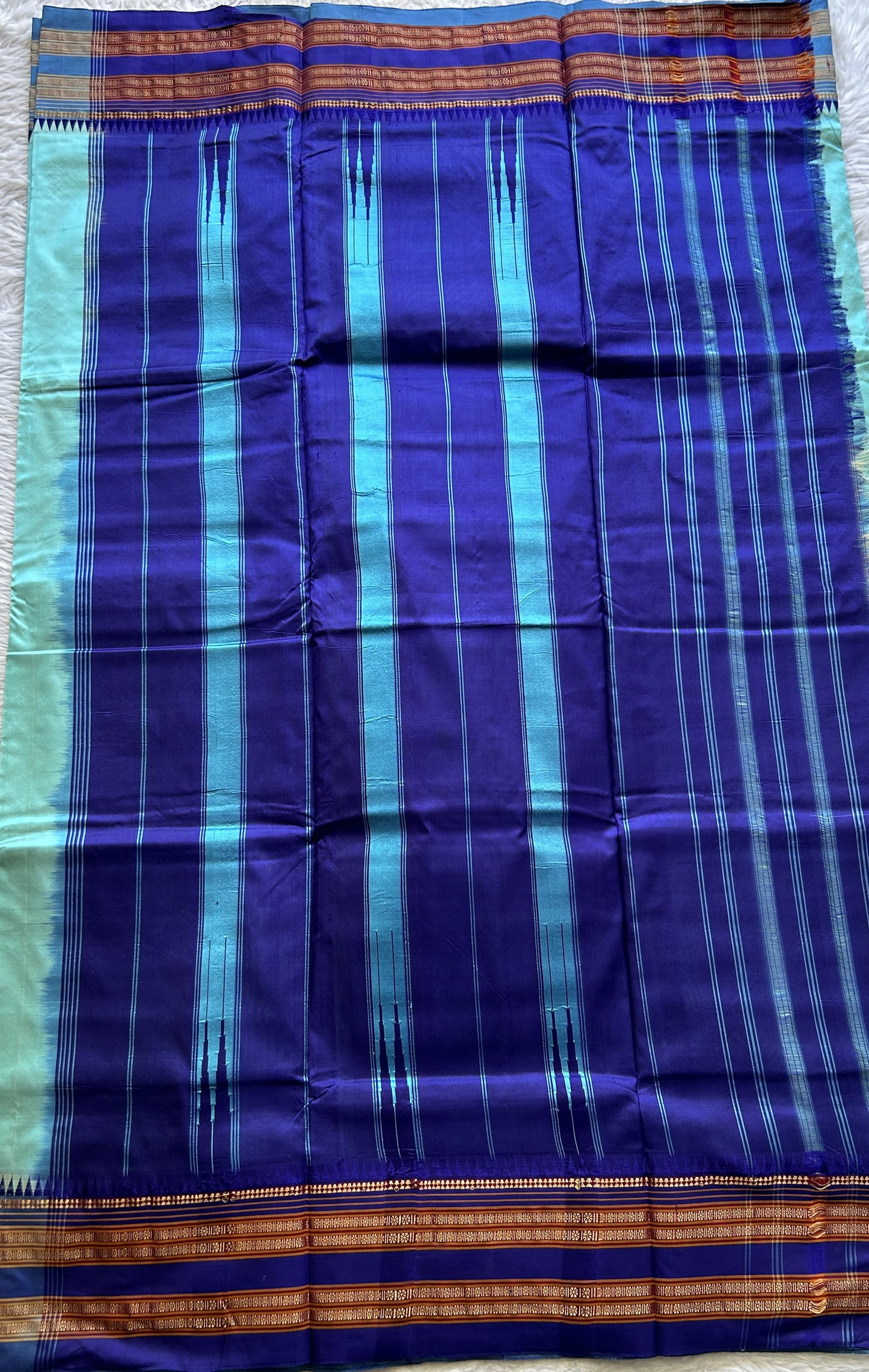 Narayanpet Silk Saree Sea Blue Colored Complemented with a Zari Border. - Sampradaya Designer Studio