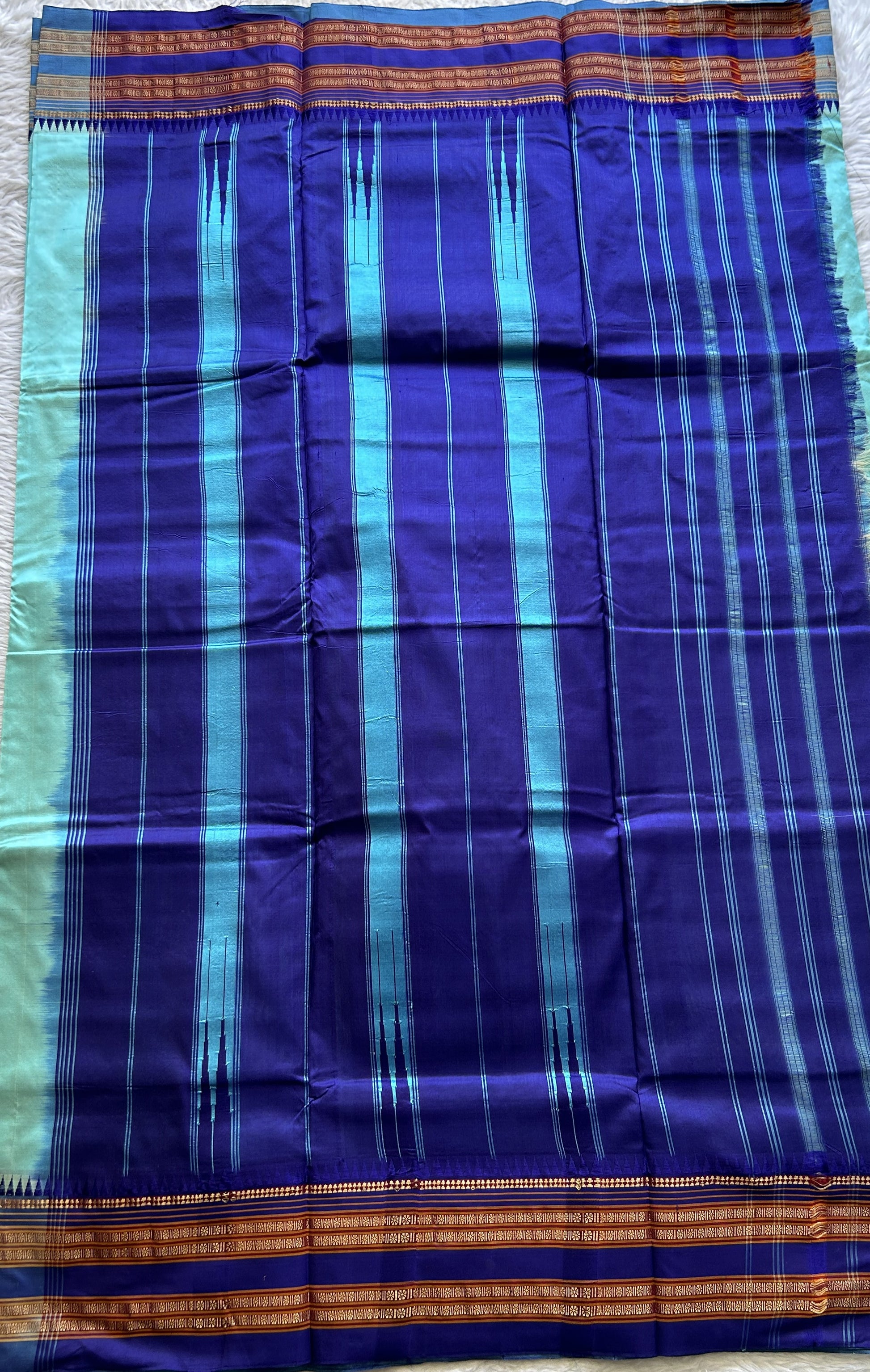 Narayanpet Silk Saree Sea Blue Colored Complemented with a Zari Border. - Sampradaya Designer Studio