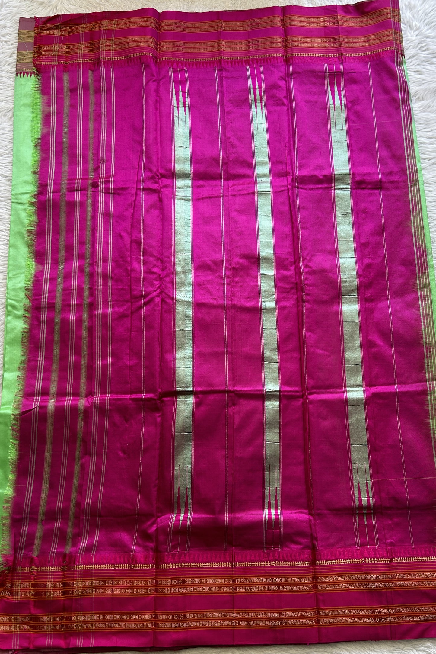 Narayanpet Silk Saree Light Parrot Green Colored Complemented with a Zari Border. - Sampradaya Designer Studio
