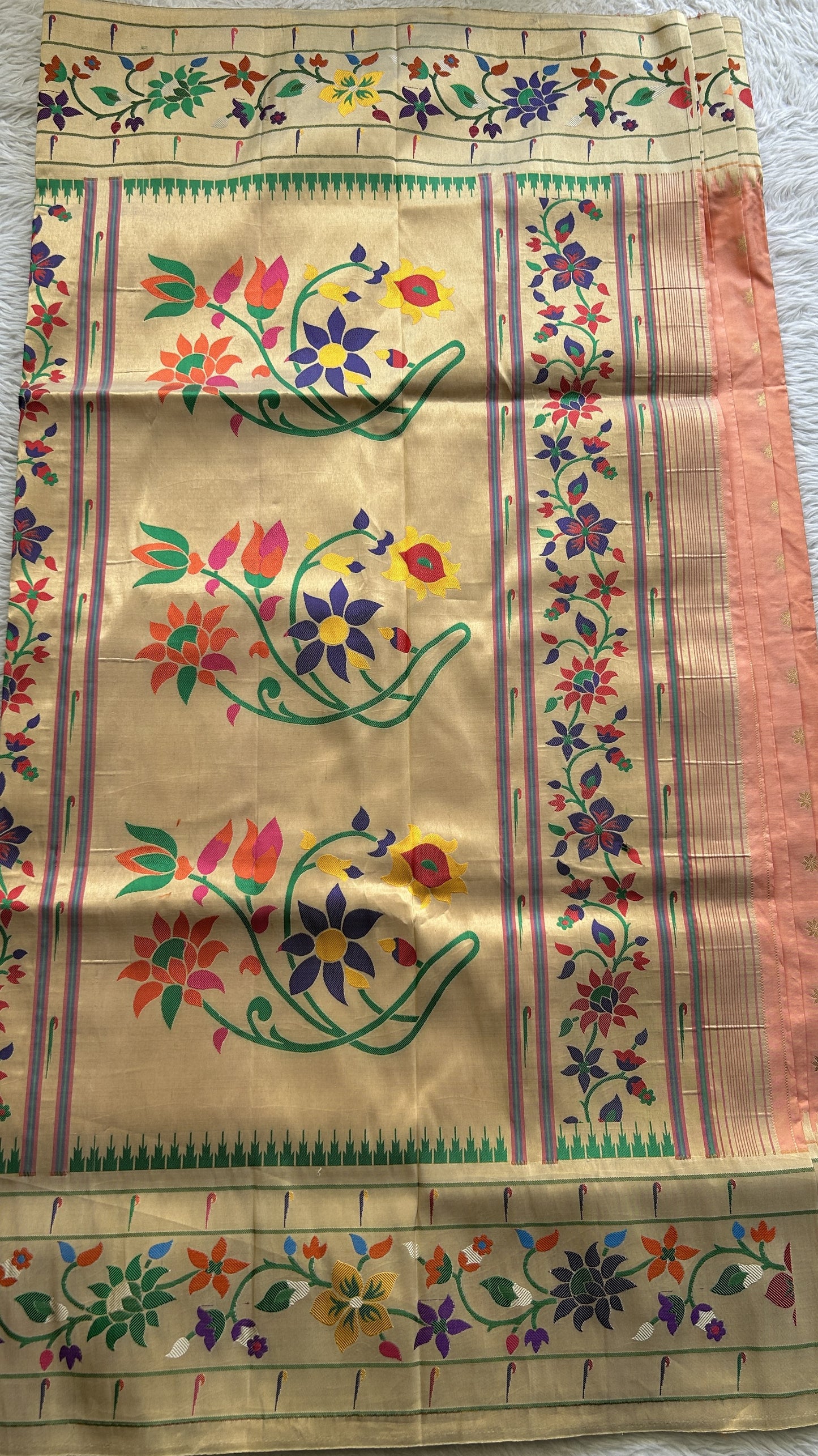 Narayanpet Silk Saree Peach Colored Complemented with a Paithani Border. - Sampradaya Designer Studio