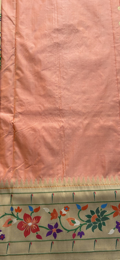 Narayanpet Silk Saree Peach Colored Complemented with a Paithani Border. - Sampradaya Designer Studio