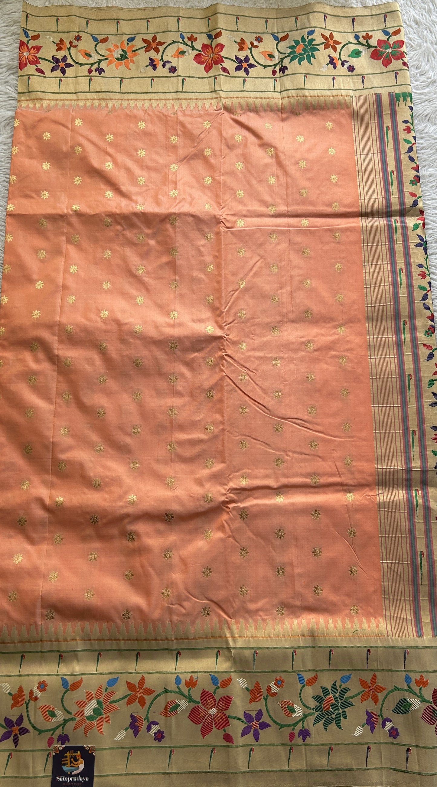 Narayanpet Silk Saree Peach Colored Complemented with a Paithani Border. - Sampradaya Designer Studio