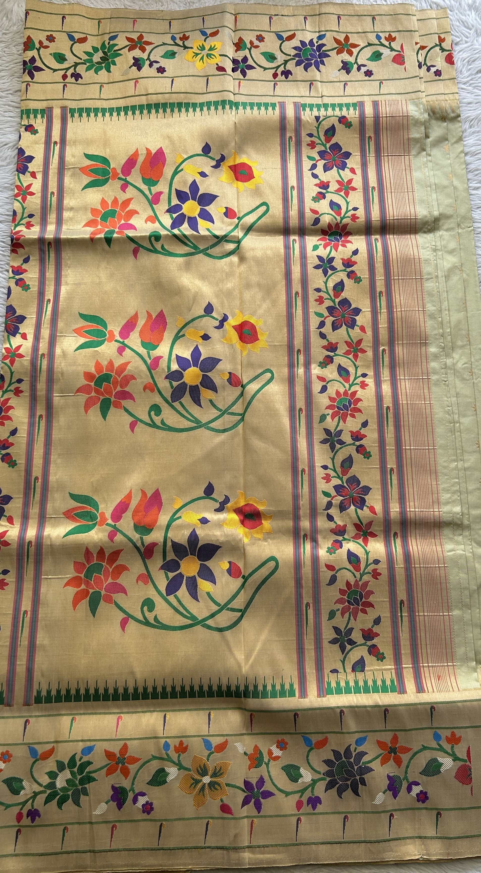 Narayanpet Silk Saree Wheat Colored Complemented with a Paithani Border. - Sampradaya Designer Studio