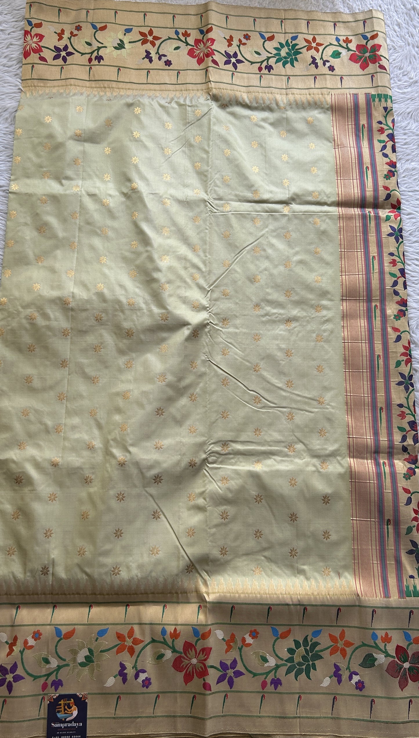 Narayanpet Silk Saree Wheat Colored Complemented with a Paithani Border. - Sampradaya Designer Studio