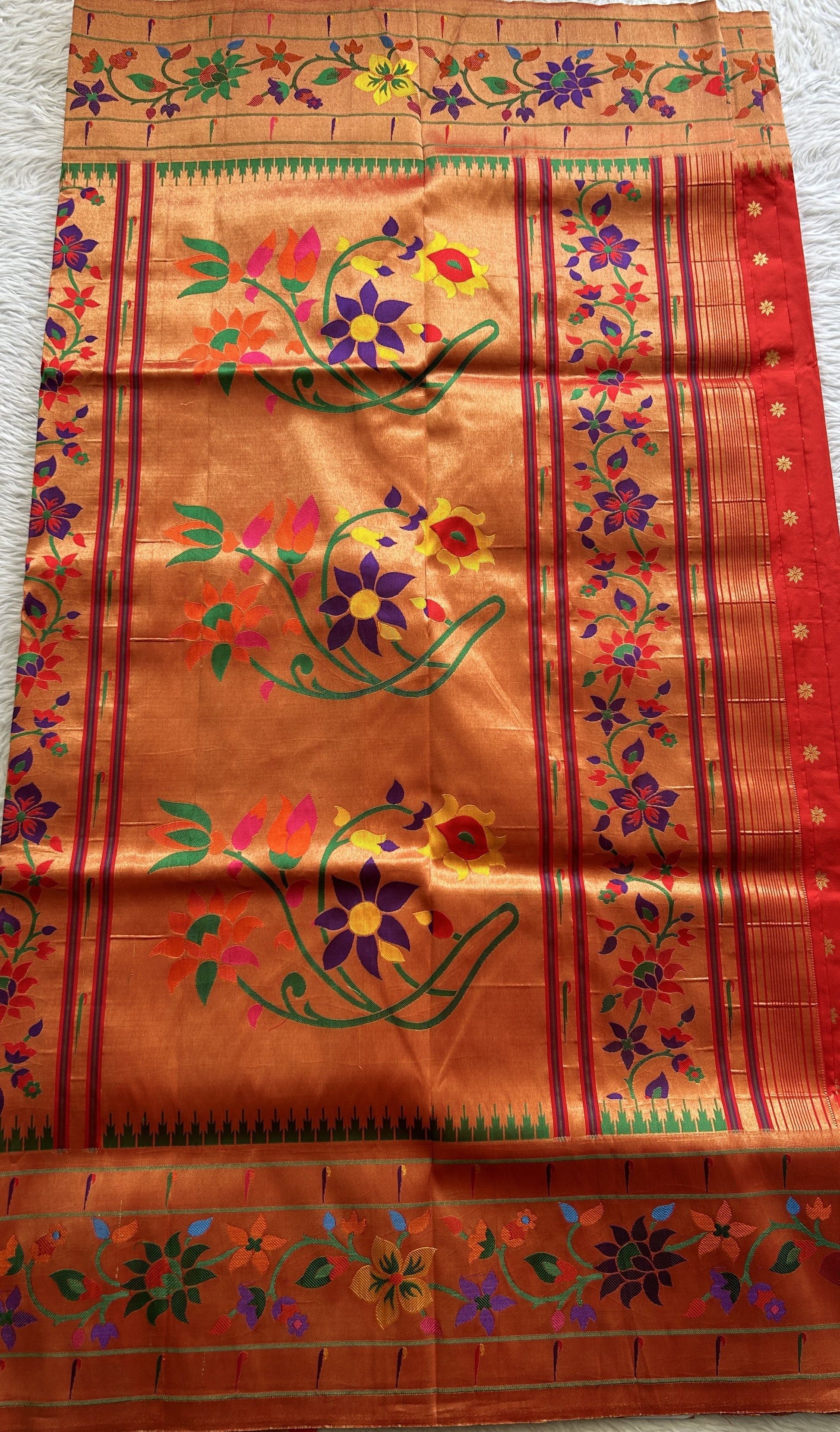 Narayanpet Silk Saree Red Colored Complemented with a Paithani Border. - Sampradaya Designer Studio