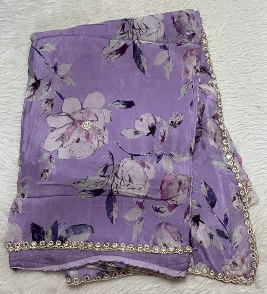 Chiffon Designer Saree Lilac Color complemented with a Hand Embroidery Border. - Sampradaya Designer Studio
