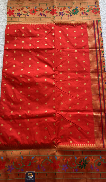 Narayanpet Silk Saree Red Colored Complemented with a Paithani Border. - Sampradaya Designer Studio