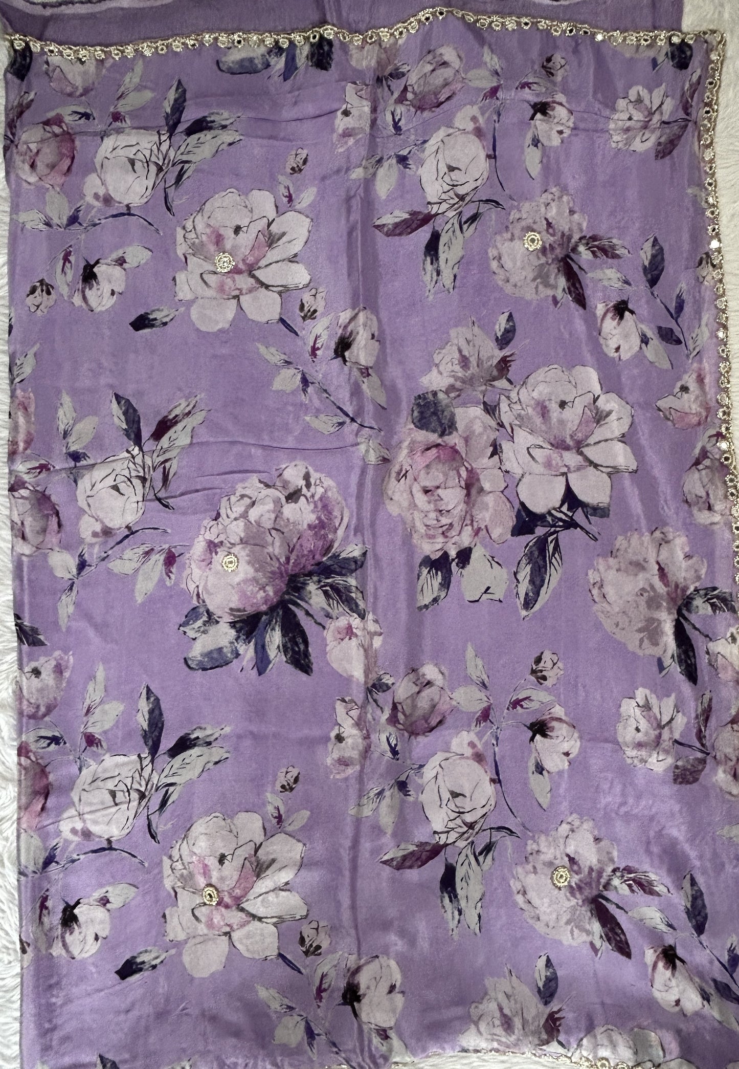 Chiffon Designer Saree Lilac Color complemented with a Hand Embroidery Border. - Sampradaya Designer Studio