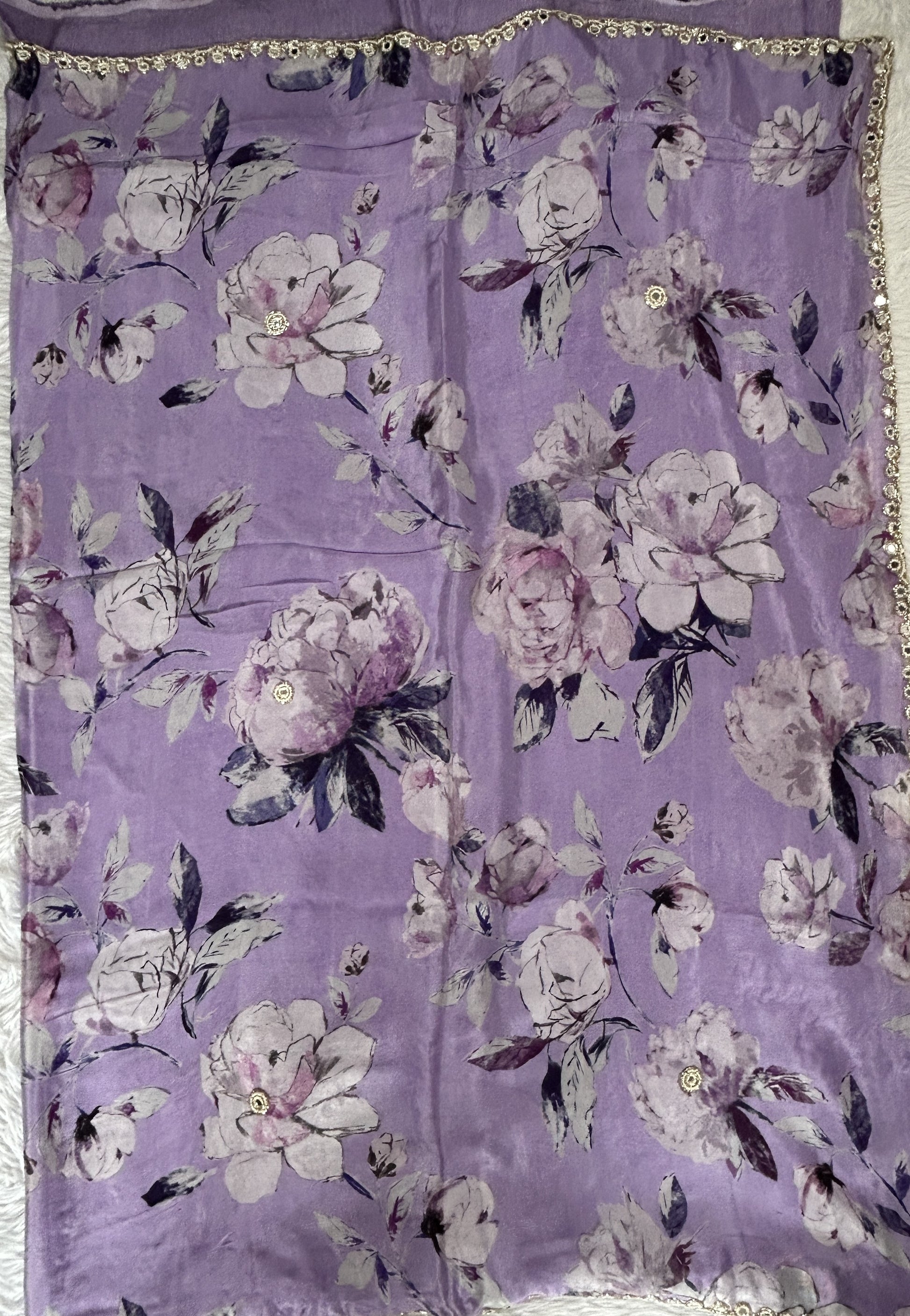 Chiffon Designer Saree Lilac Color complemented with a Hand Embroidery Border. - Sampradaya Designer Studio