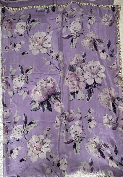 Chiffon Designer Saree Lilac Color complemented with a Hand Embroidery Border. - Sampradaya Designer Studio