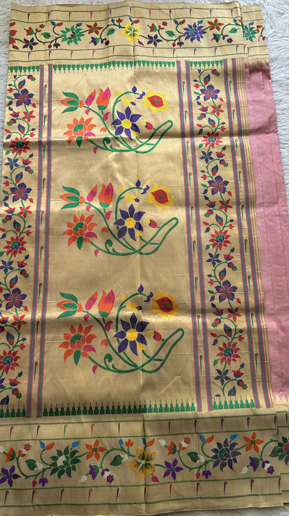 Narayanpet Silk Saree Light Pink Colored Complemented with a Paithani Border. - Sampradaya Designer Studio