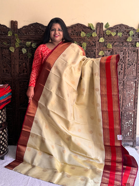 Pure Kanjivaram Silk Saree | Cream With Gold Zari Border | Handloom | Silk Mark Certified