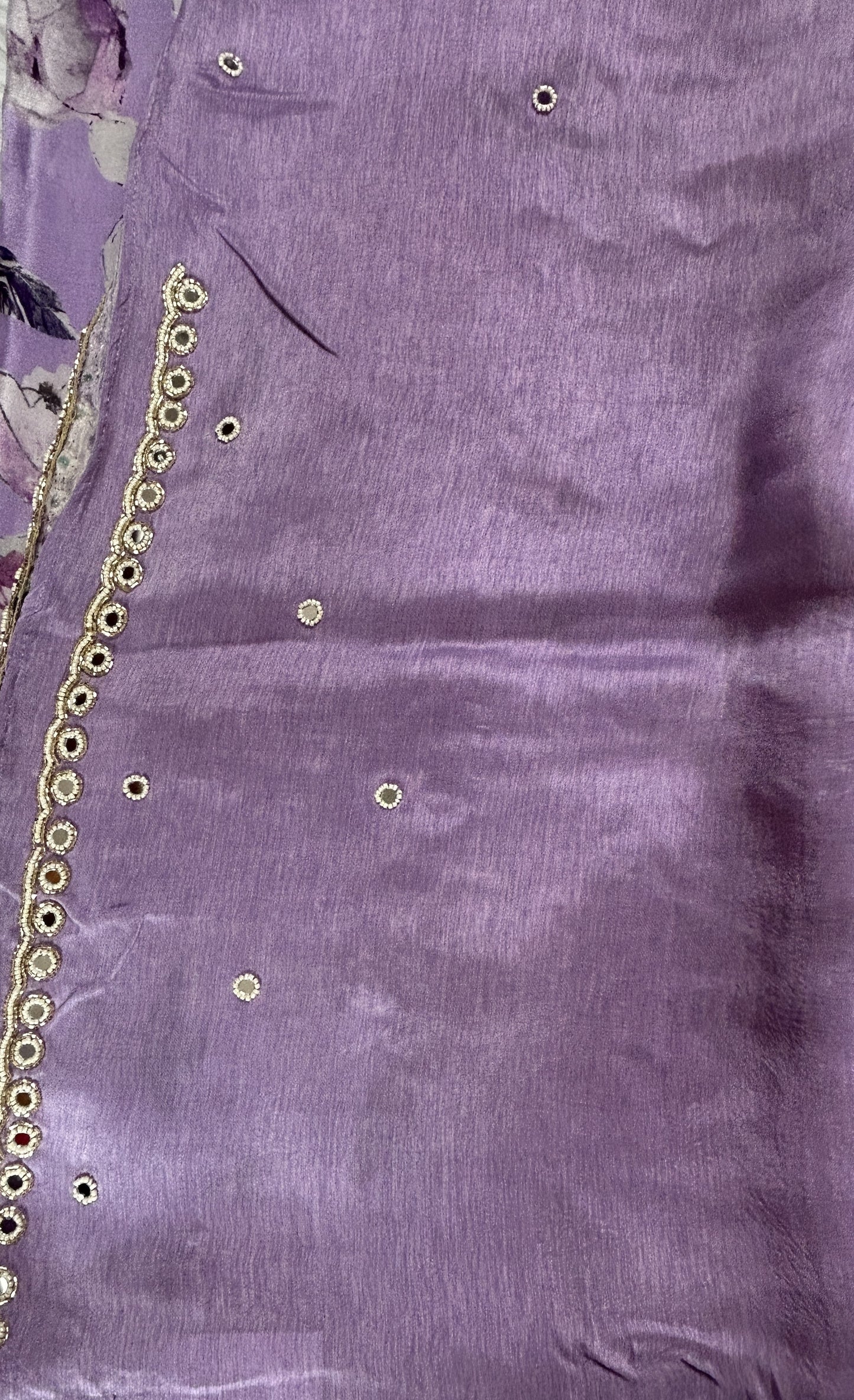 Chiffon Designer Saree Lilac Color complemented with a Hand Embroidery Border. - Sampradaya Designer Studio