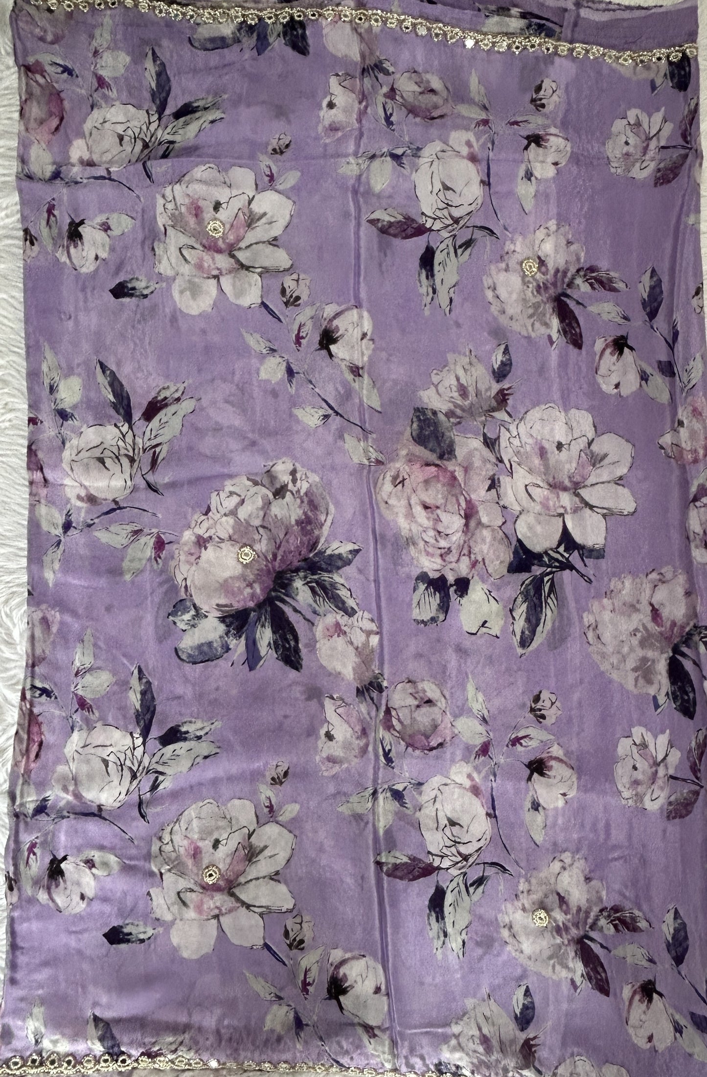 Chiffon Designer Saree Lilac Color complemented with a Hand Embroidery Border. - Sampradaya Designer Studio