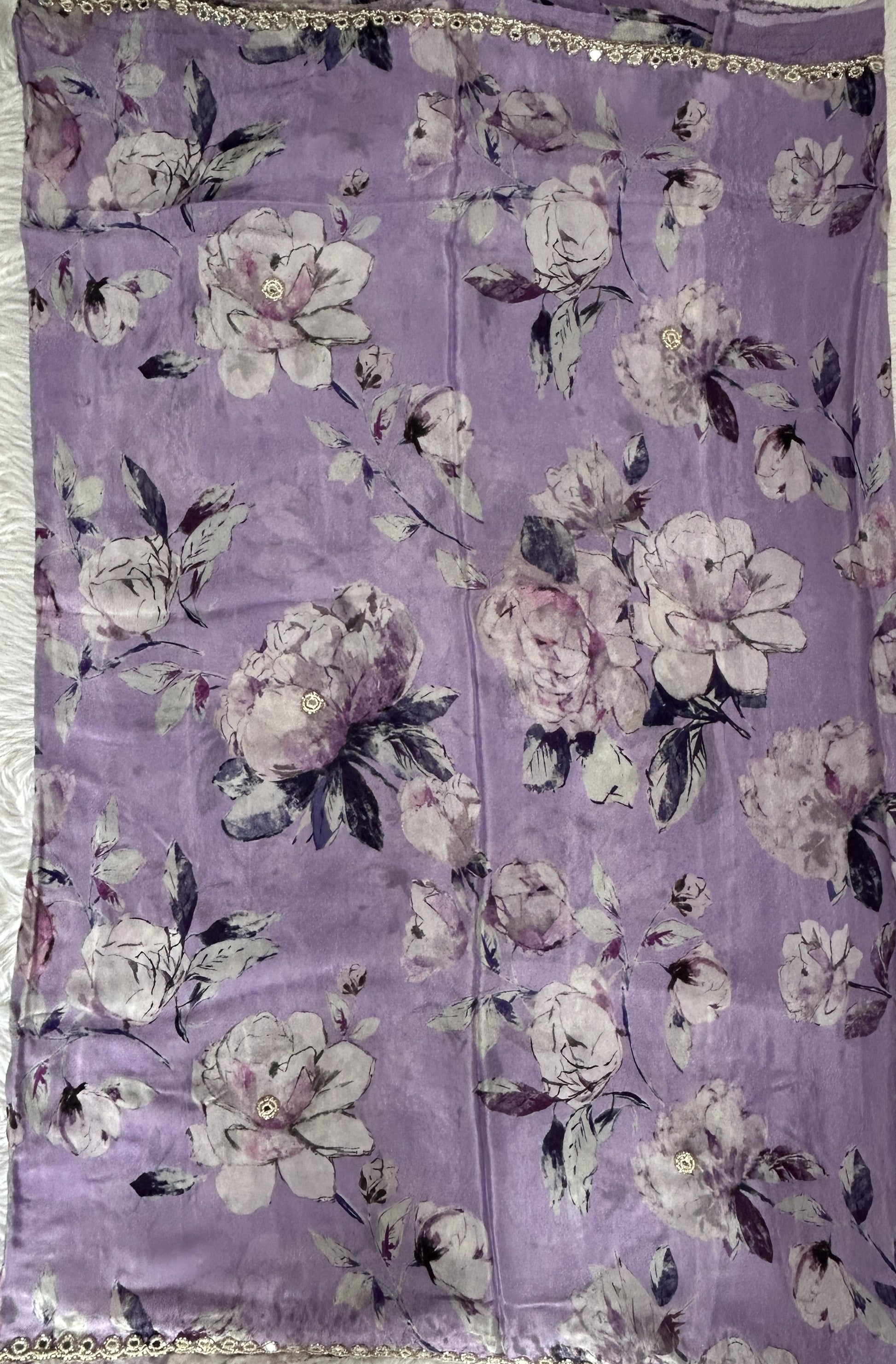Chiffon Designer Saree Lilac Color complemented with a Hand Embroidery Border. - Sampradaya Designer Studio