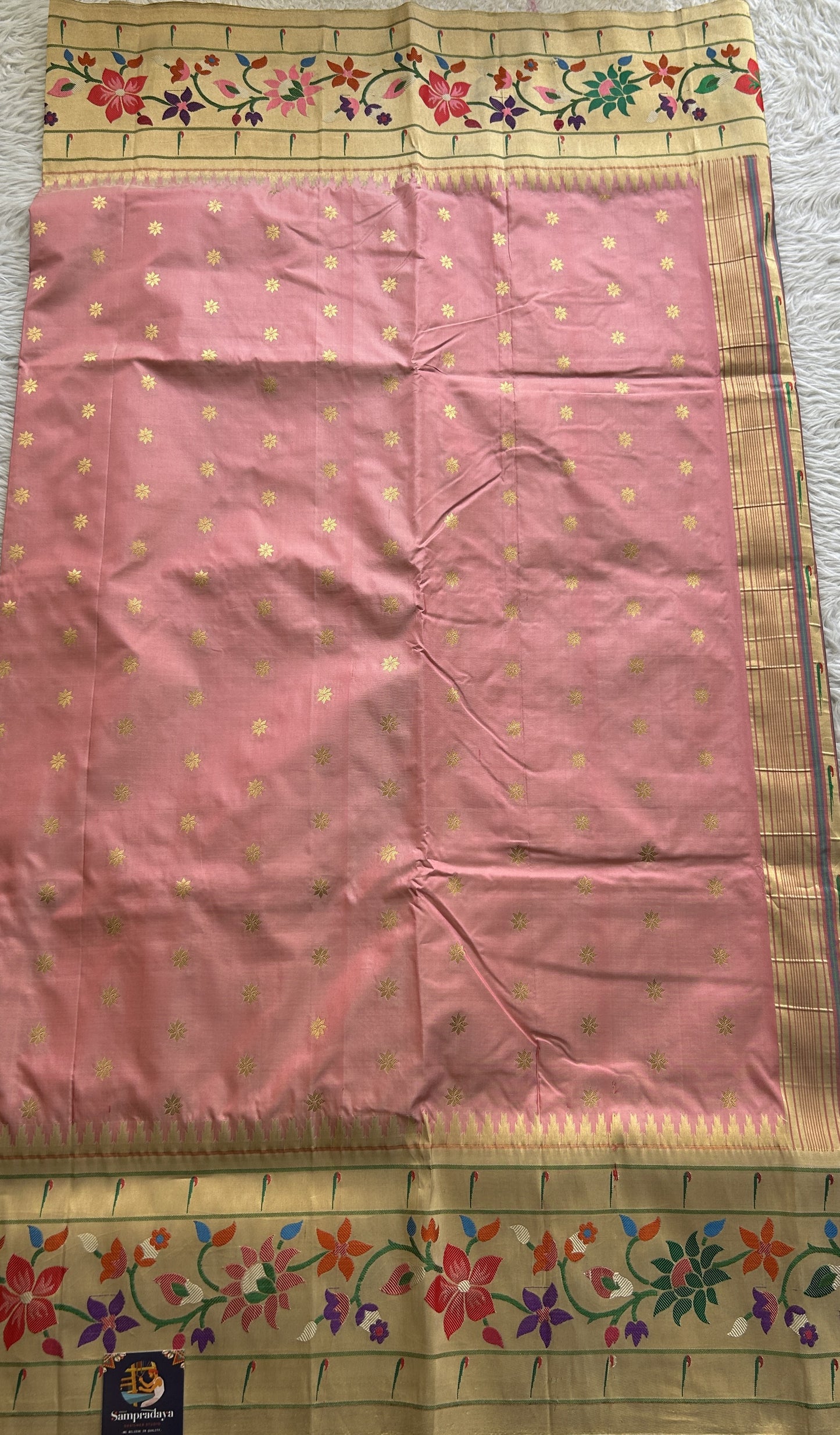 Narayanpet Silk Saree Light Pink Colored Complemented with a Paithani Border. - Sampradaya Designer Studio