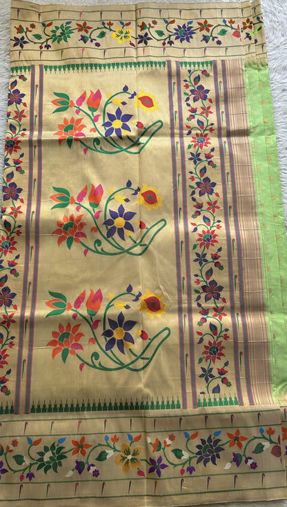 Narayanpet Silk Saree Light Green Colored Complemented with a Paithani Border. - Sampradaya Designer Studio