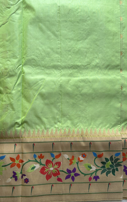 Narayanpet Silk Saree Light Green Colored Complemented with a Paithani Border. - Sampradaya Designer Studio