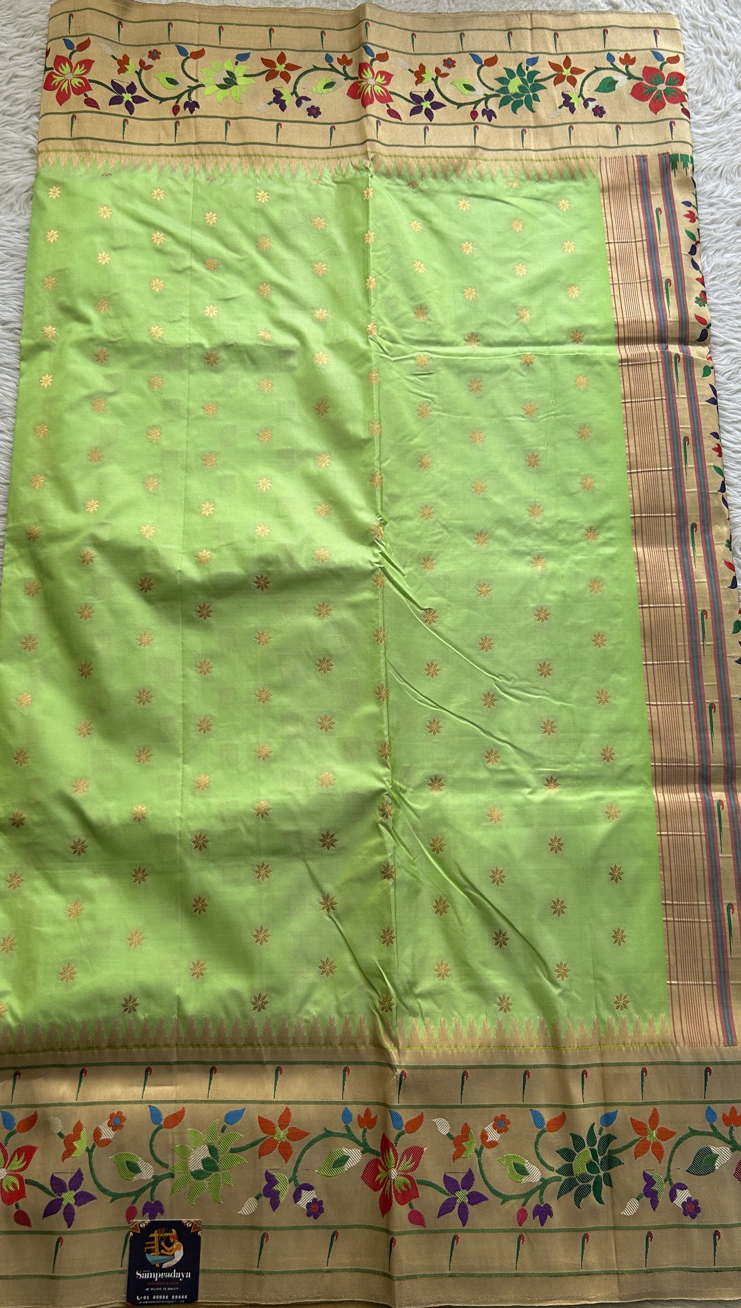 Narayanpet Silk Saree Light Green Colored Complemented with a Paithani Border. - Sampradaya Designer Studio