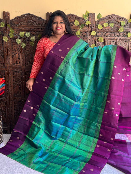 Peacock Green Kanjivaram Silk Saree | Plain Border With Checks & Peacock Butta | Handloom | Silk Mark Certified