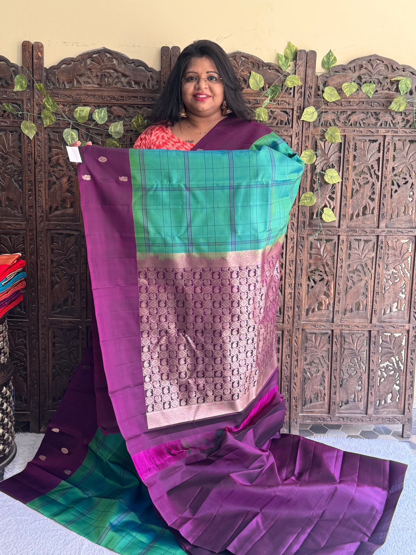 Peacock Green Kanjivaram Silk Saree | Plain Border With Checks & Peacock Butta | Handloom | Silk Mark Certified