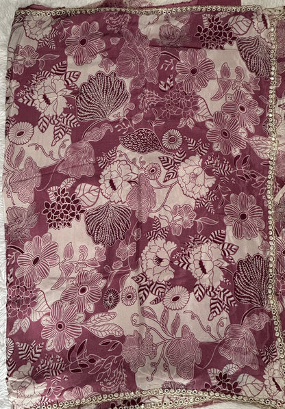 Chiffon Designer Saree Onion Pink Color complemented with a Hand Embroidery Border. - Sampradaya Designer Studio