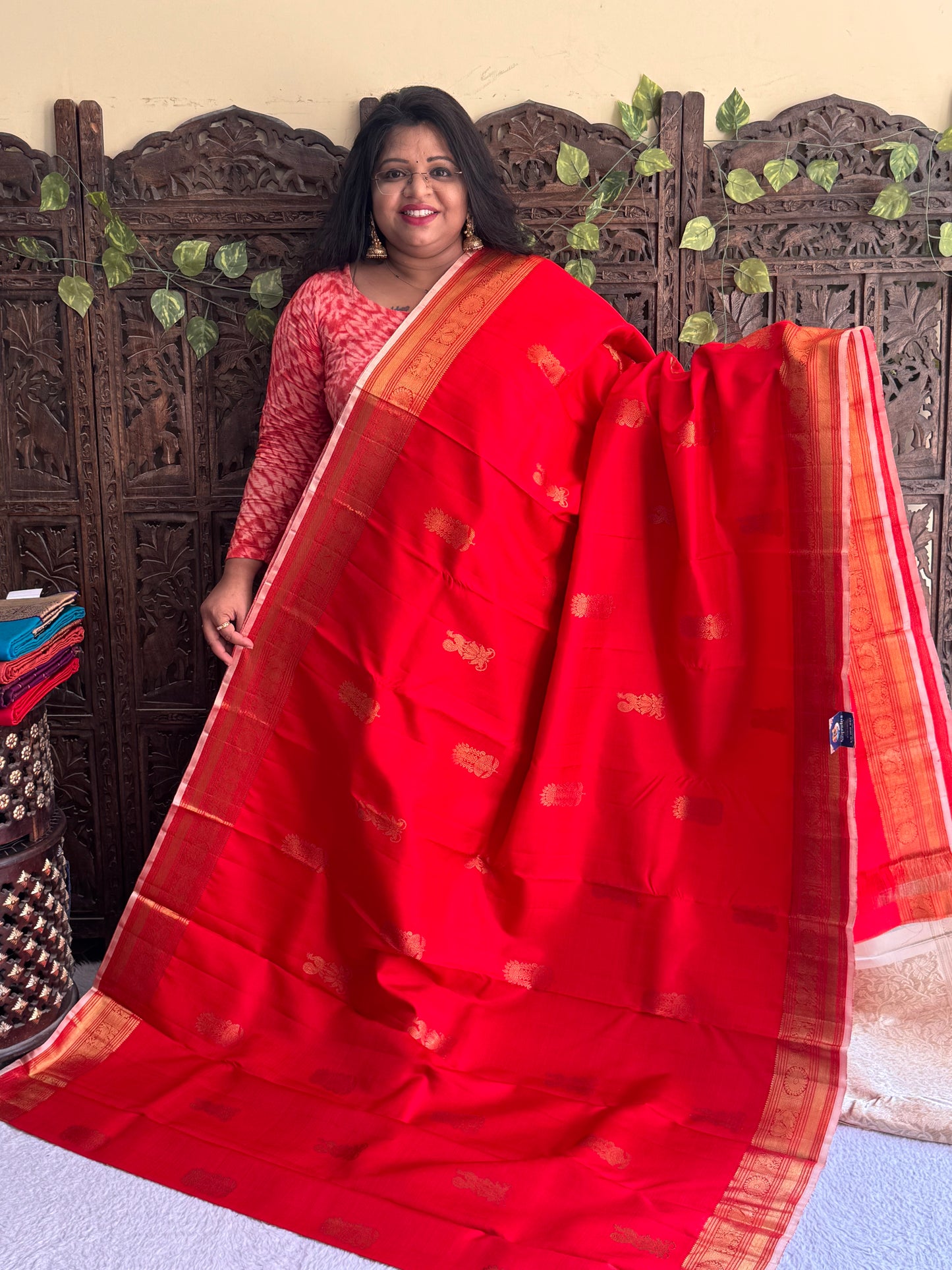 Red Kanjivaram Silk Saree | Weaving Border With Peacock & Lotus Butta | Handloom | Silk Mark Certified