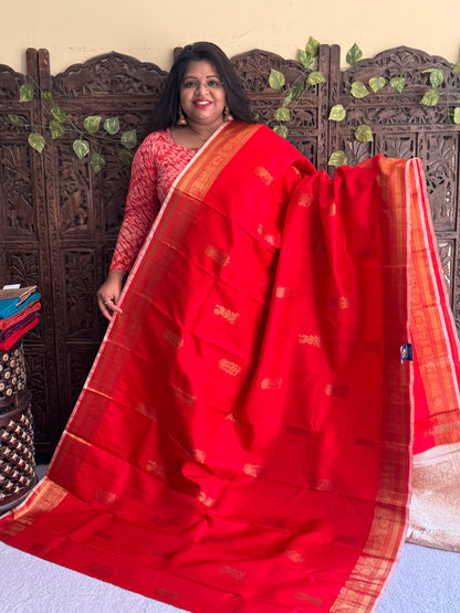 Red Kanjivaram Silk Saree | Weaving Border With Peacock & Lotus Butta | Handloom | Silk Mark Certified