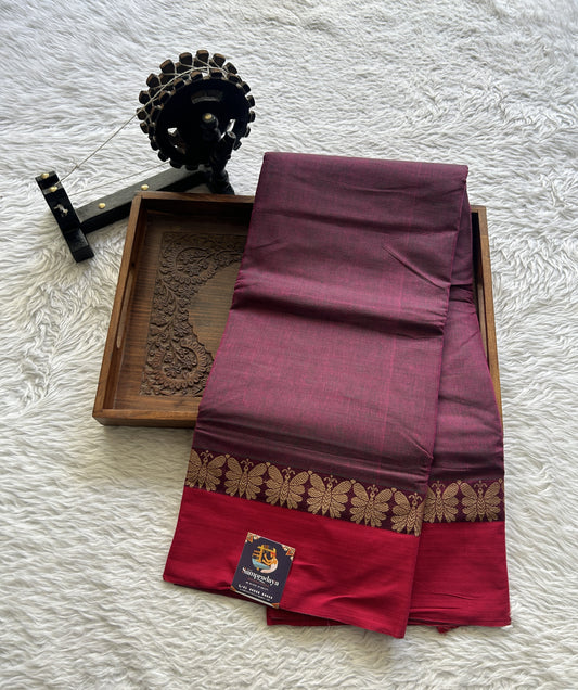 Narayanpet Cotton Saree Wine Colored Complemented with a Thread Border. - Sampradaya Designer Studio