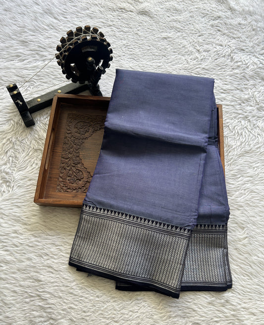 Narayanpet Cotton Saree Ink Blue Colored Complemented with a Thread Border. - Sampradaya Designer Studio