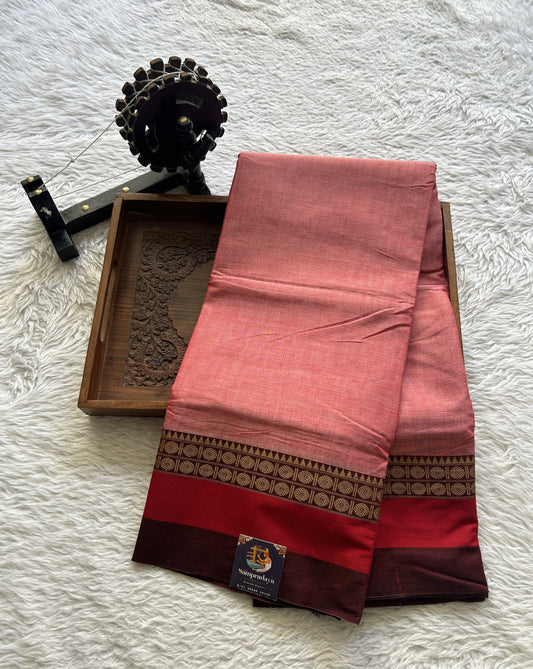 Narayanpet Cotton Saree Dark Coral Colored Complemented with a Thread Border. - Sampradaya Designer Studio