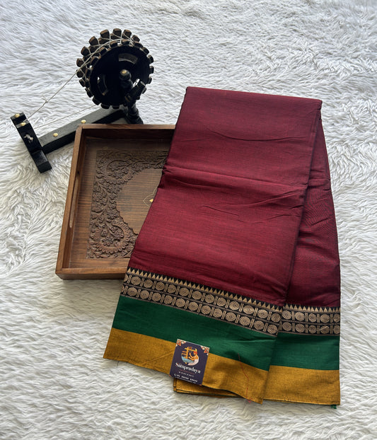 Narayanpet Cotton Saree Dark Maroon Colored Complemented with a Gap Border. - Sampradaya Designer Studio