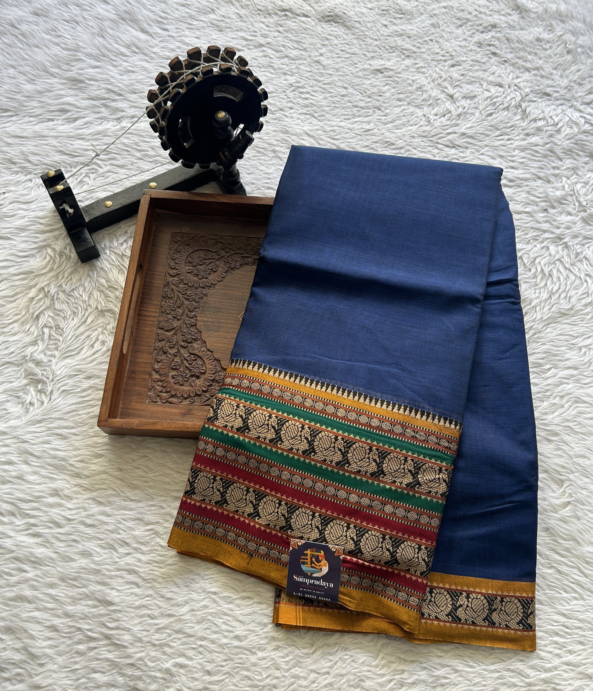 Narayanpet Cotton Saree Carbon Blue Colored Complemented with a Thread Border. - Sampradaya Designer Studio