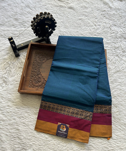 Narayanpet Cotton Saree Peacock Blue Colored Complemented with a Gap Border. - Sampradaya Designer Studio