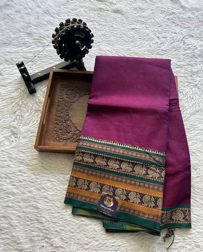 Narayanpet Cotton Saree Magenta Colored Complemented with a Thread Border. - Sampradaya Designer Studio
