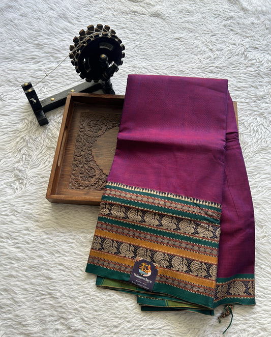 Narayanpet Cotton Saree Magenta Colored Complemented with a Thread Border. - Sampradaya Designer Studio