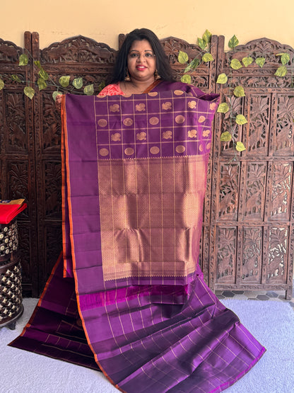 Pure Kanjivaram Silk Saree | Purple With Gold Zari Border | Handloom | Silk Mark Certified