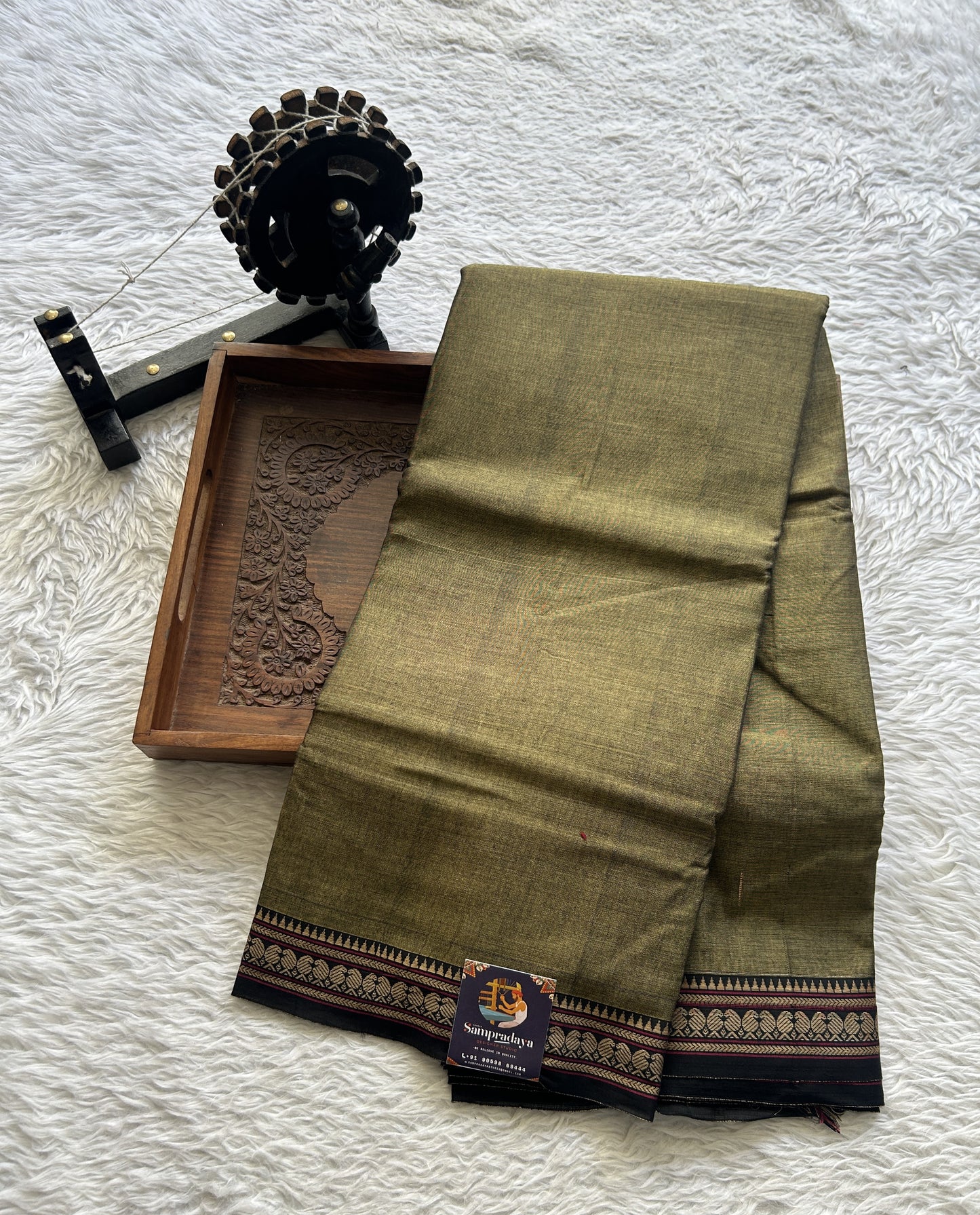 Narayanpet Cotton Saree Dark Olive Green Colored Complemented with a Thread Border. - Sampradaya Designer Studio