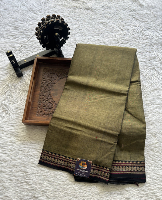 Narayanpet Cotton Saree Dark Olive Green Colored Complemented with a Thread Border. - Sampradaya Designer Studio