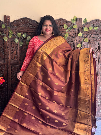 Brown Pure Kanjivaram Silk Saree | Weaving Border With Oosi Lines And Kolam Motif  | Handloom | Silk Mark Certified