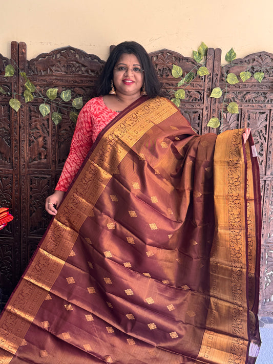 Pure Kanjivaram Silk Saree | Brown With Gold Zari Border | Handloom | Silk Mark Certified