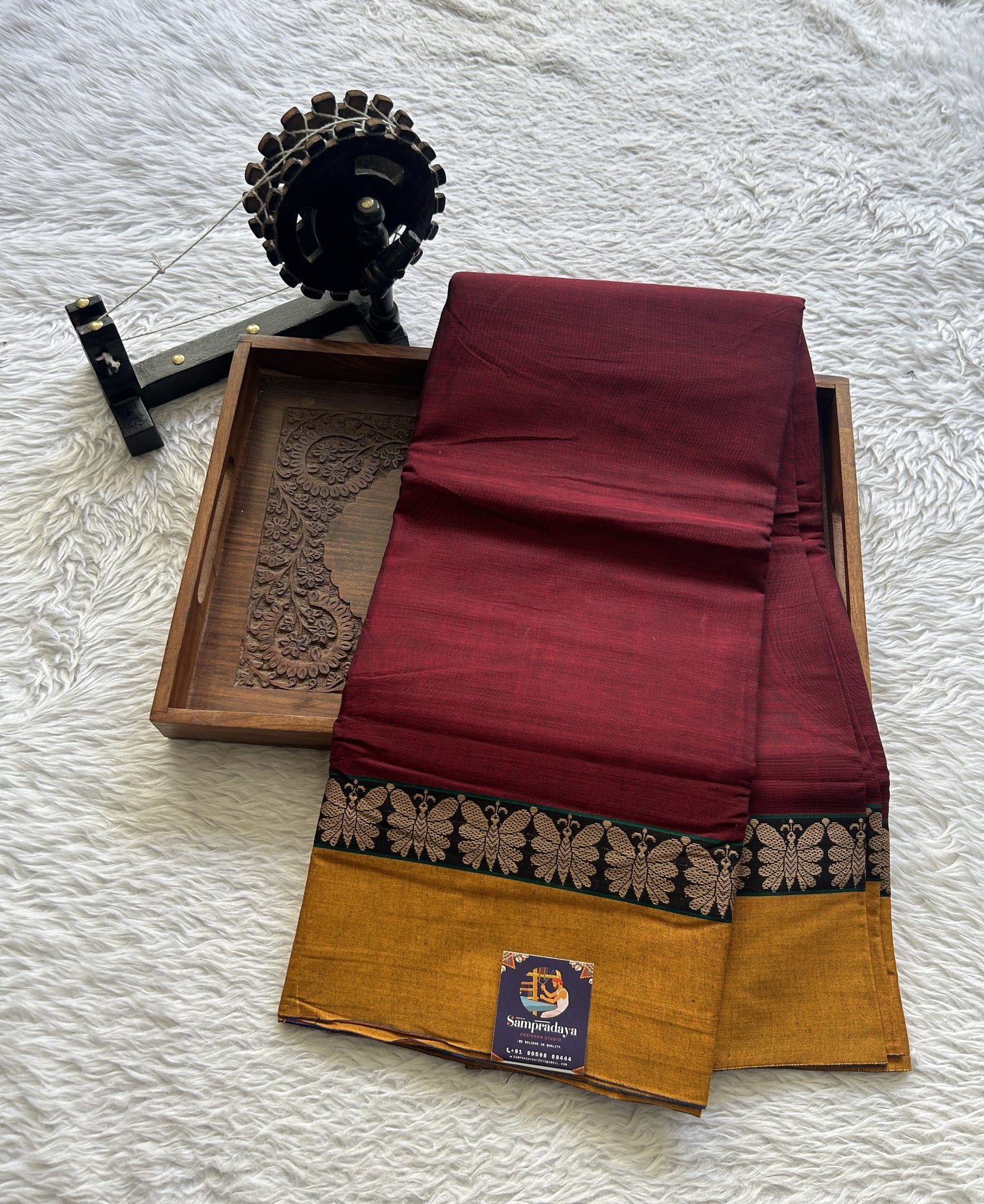 Narayanpet Cotton Saree Maroon Colored Complemented with a Thread Border. - Sampradaya Designer Studio