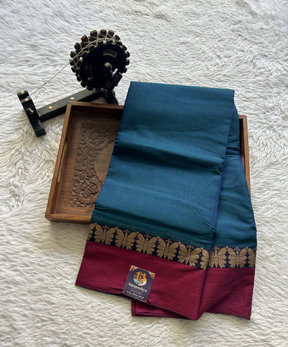 Narayanpet Cotton Saree Peacock Blue Colored Complemented with a Plain Border. - Sampradaya Designer Studio